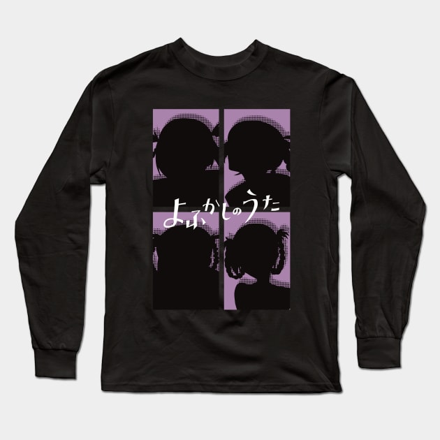 Call of the Night Anime Characters Silhouette of Nazuna Nanakusa in Cool 4 Panels Pop Art Style with Yofukashi no Uta Kanji or Japan Text Long Sleeve T-Shirt by Animangapoi